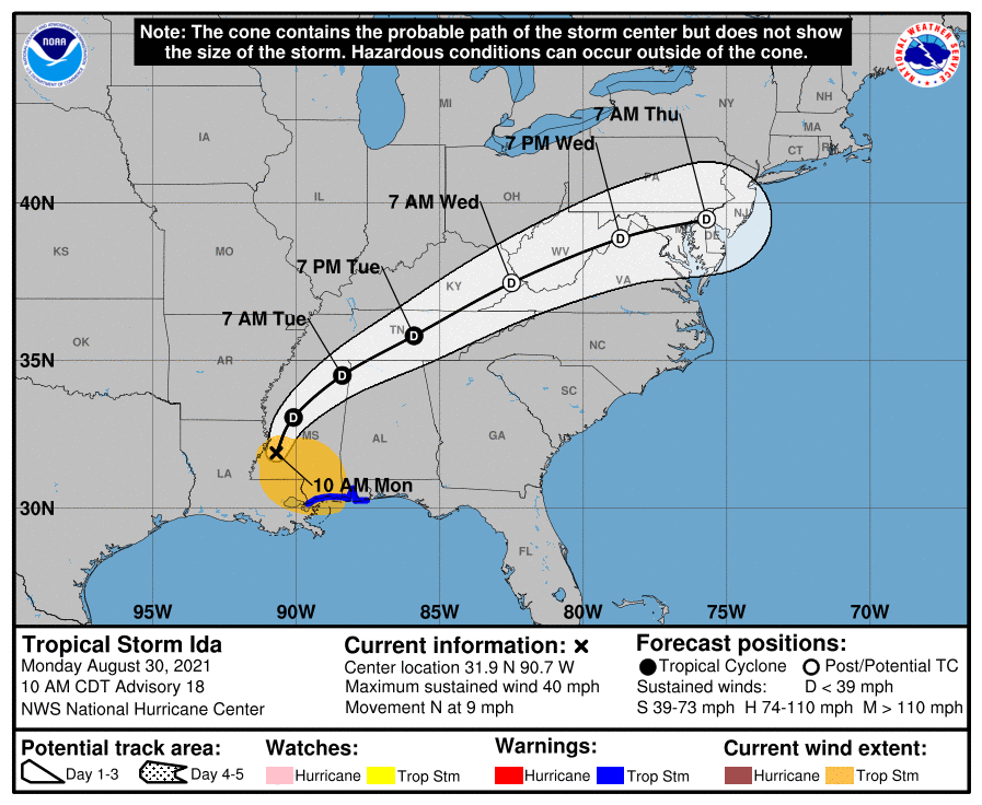NHC 3 day cone with line for Hurricane Ida