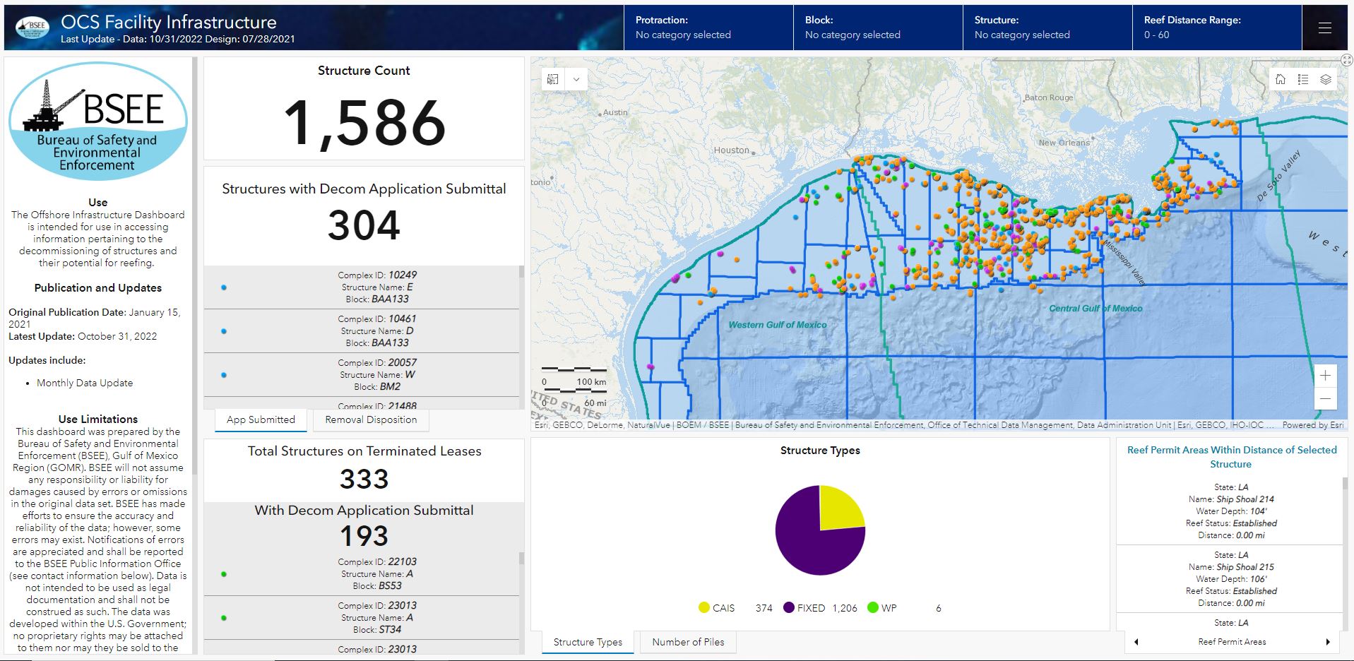 Screenshot of the Offshore Infrastructure Dashboard (OID) map tool to identify oil and gas platforms eligible for the Rigs-to-Reefs program.