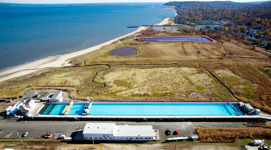 Overhead view of the Ohmsett oil spill research and training facility in Leonardo, NJ near Sandy Hook Bay.