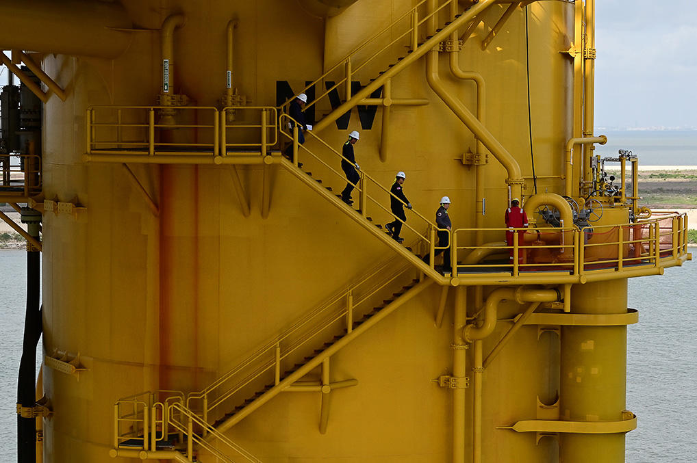 Bureau of Safety and Environmental Enforcement personnel traverse a stairwell to inspect safety equipment and systems aboard Shell’s Vito platform on May 11, 2022. 