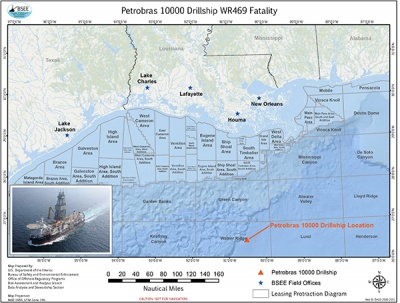 Map showing the area the Bureau of Safety and Environmental Enforcement and U.S. Coast Guard are conducting an investigation into the fatality of a drillship worker in an area of the Gulf known as Walker Ridge 469, about 172 miles south of Port Fourchon, Louisiana.