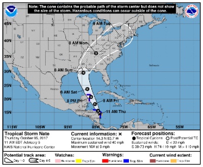 Tropical Storm Nate forecast map.