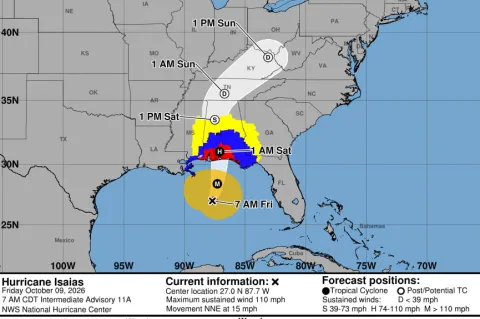 Thumb of NOAA probable path info for hurricane Isaias