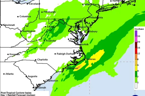 NOAA graphic illustrating rainfall in offshore the Eastern seaboard