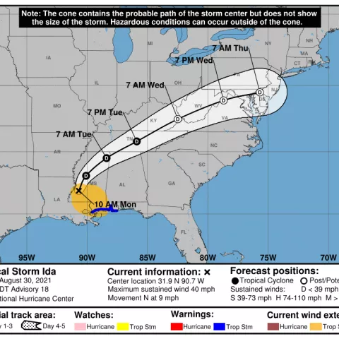 NHC 3 day cone with line for Hurricane Ida