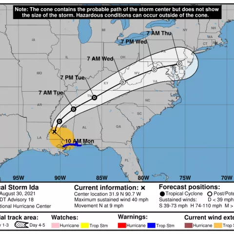 BSEE Hurricane Ida Activity Final Report: September 23, 2021 NHC 3 day cone with line for Hurricane Ida
