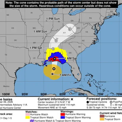 Thumb of NOAA probable path info for hurricane Isaias