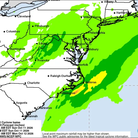 NOAA graphic illustrating rainfall in offshore the Eastern seaboard