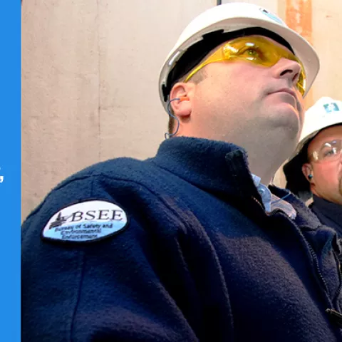 BSEE inspectors working on offshore platform.