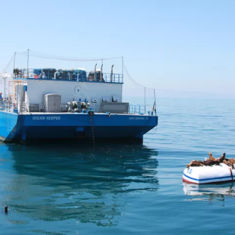 OSRB OCEAN KEEPER- an oil spill response barge with a storage capacity of 15,000 barrels. It remains moored outside Santa Barbara Harbor to respond quickly in any event of a spill.