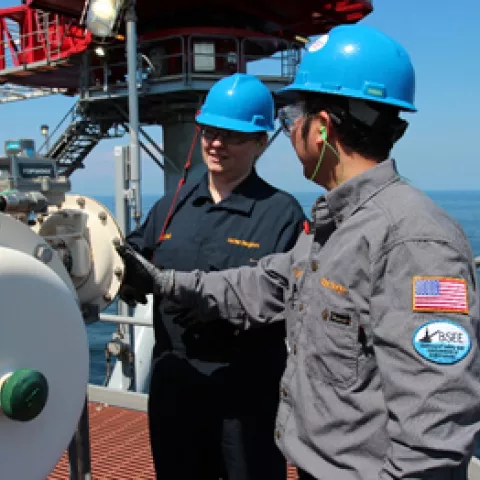 Bureau of Safety and Environmental Enforcement Engineers inspect Shell’s newly installed Appomattox platform in July 2018. Production on the platform began in May 2019. Bureau of Safety and Environmental Enforcement Engineers inspect Shell’s newly installed Appomattox platform in July 2018. Production on the platform began in May 2019.