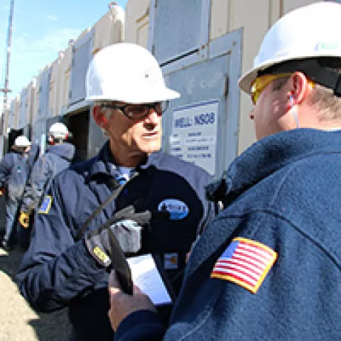 Randy Howell (left) shares some pointers from his 40 years of experience with Michael Jordan during an inspection on Northstar Island.