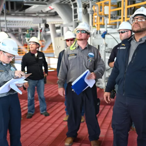 BSEE production engineers and inspectors trace piping for flow path with Murphy Oil’s King’s Quay operations members Feb. 2, 2022. BSEE is conducting an offshore pre-production inspection of the floating production system (FPS), which is moored approximately 100 nautical miles off the coast of Houma, LA in Block 433 of Green Canyon.