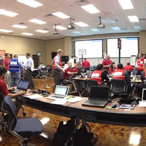 BSEE attends oil spill table-top exercises like the one shown above to evaluate the proficiencies of incident management team personnel in executing their responsibilities and the strategies described in oil spill response plans.