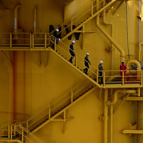 Bureau of Safety and Environmental Enforcement personnel traverse a stairwell to inspect safety equipment and systems aboard Shell’s Vito platform on May 11, 2022.