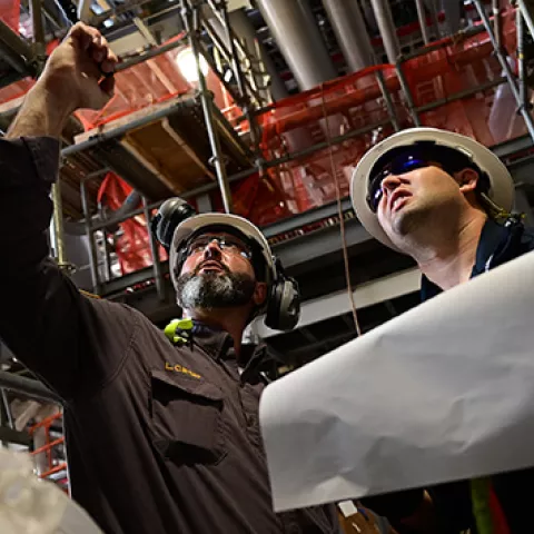 Lee Carter (left), a Supervisory Inspector from the Bureau of Safety and Environmental Enforcement New Orleans District, and Zach Pisciotta, a Production Engineer at the BSEE New Orleans District trace schematics during a pre-production inspection of Shell’s Vito May 10, 2022. BSEE personnel conducted a pre-production inspection of the Shell platform Vito at Kiewit shipyard in Ingleside, Texas May 10-12, 2022.