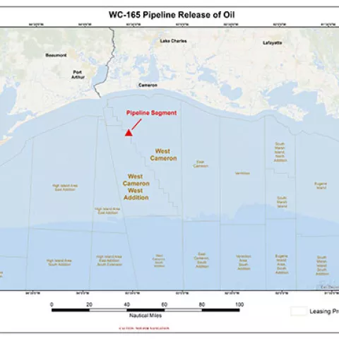 The Bureau of Safety and Environmental Enforcement (BSEE) and the U.S. Coast Guard are responding to a release of gas and condensate from a pipeline at West Cameron 165 in the Gulf of Mexico, approximately 32 miles southwest of Cameron, Louisiana.