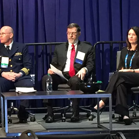 2017 Offshore Technology Conference panelists, Captain Joshua Reynolds, District 8 Outer Continental Shelf OCMI, United States Coast Guard, and Claudine Bradley, Technical Leader, Safety, Research and Innovation, for the National Energy Board of Canada.