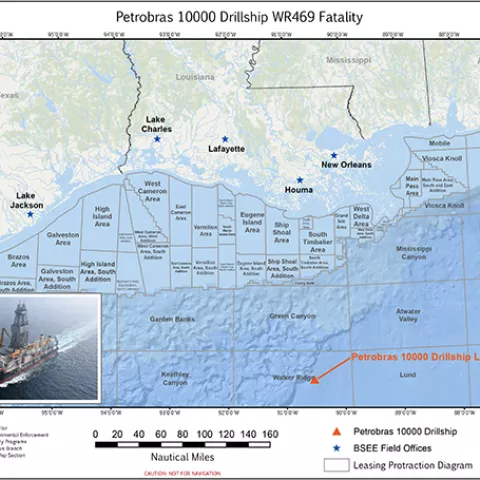 Map showing the area the Bureau of Safety and Environmental Enforcement and U.S. Coast Guard are conducting an investigation into the fatality of a drillship worker in an area of the Gulf known as Walker Ridge 469, about 172 miles south of Port Fourchon, Louisiana.