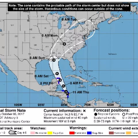 Tropical Storm Nate forecast map.