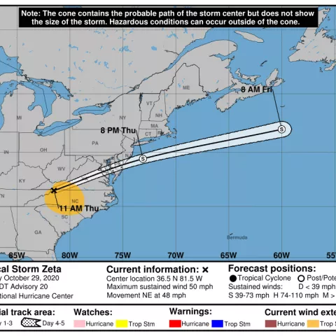 Storm cone map for Tropical Storm Zeta from the National Hurricane Center