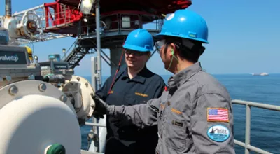 Bureau of Safety and Environmental Enforcement Engineers inspect Shell’s newly installed Appomattox platform in July 2018. Production on the platform began in May 2019.